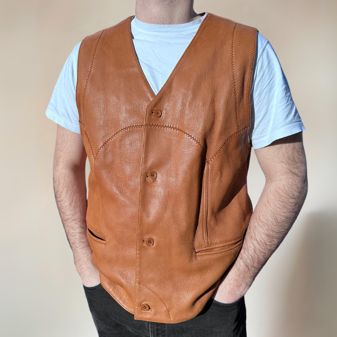 Italian Vintage Tan Leather Vest Mens Size XL