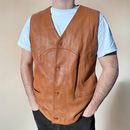 Italian Vintage Tan Leather Vest Mens Size XL