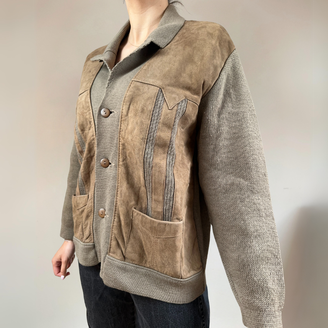 Wool & Suede Leather Khaki Vintage Jacket Size UK10