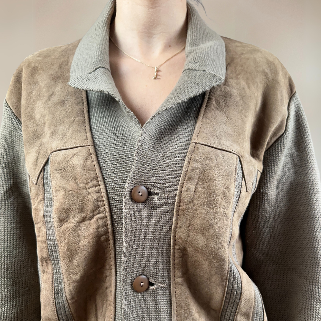 Wool & Suede Leather Khaki Vintage Jacket Size UK10