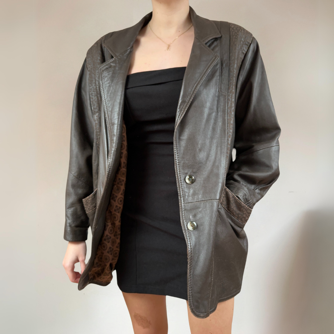 Dark Brown Spotted Vintage Leather Jacket Size UK10