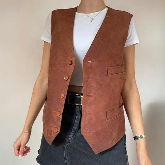 Rust Orange Vintage Leather Mens Vest Size S