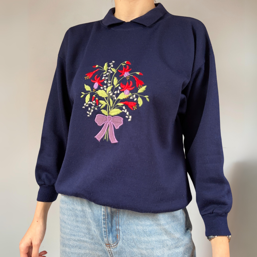 Floral Embroidered Navy Sweater Size UK8