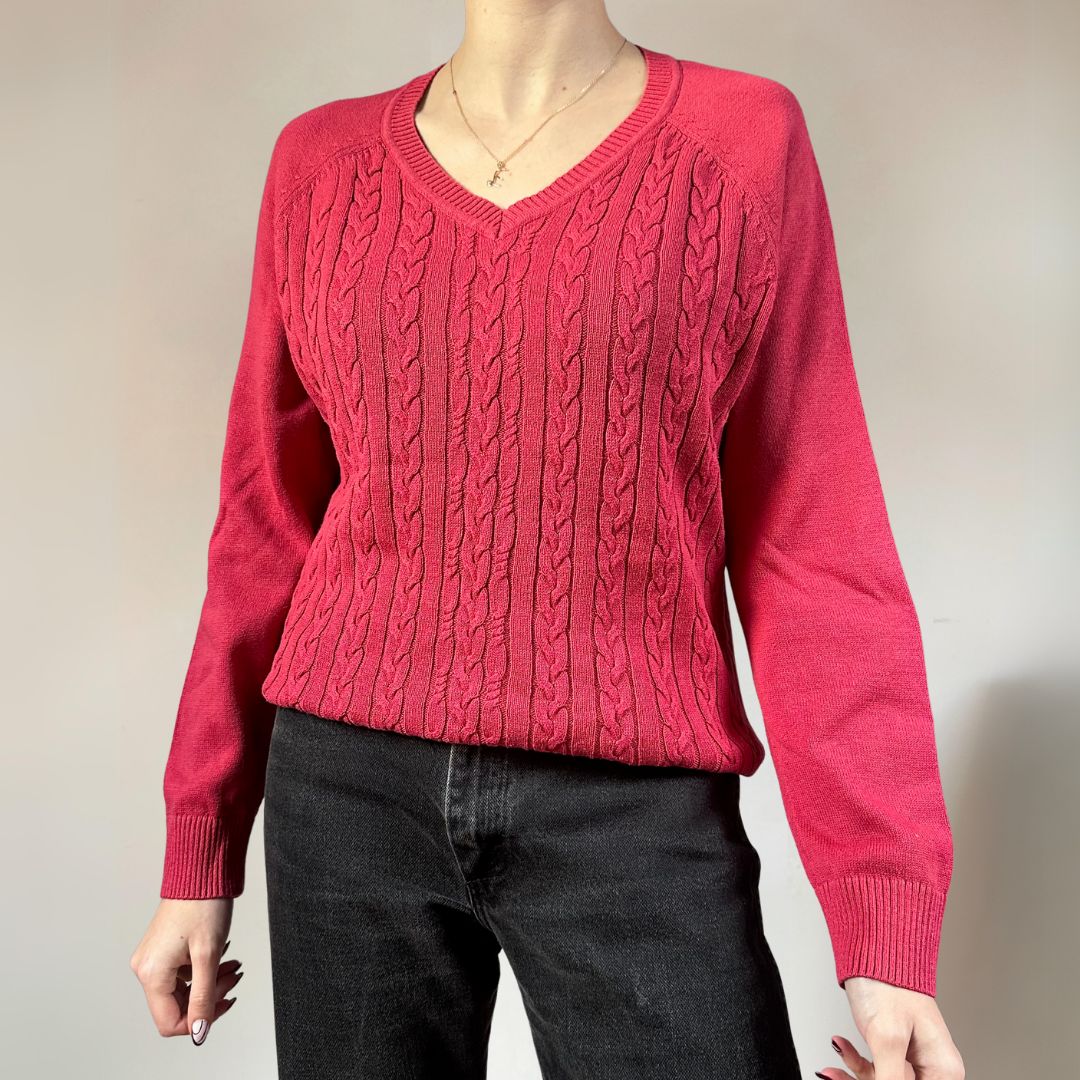 Cable Knit Red Vintage Jumper UK14