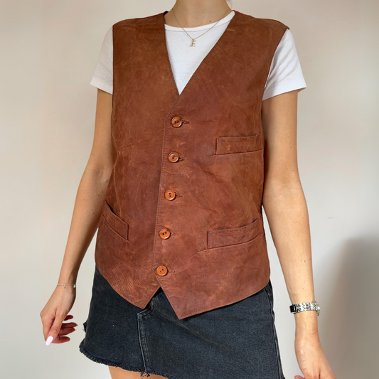Rust Orange Vintage Leather Mens Vest Size S