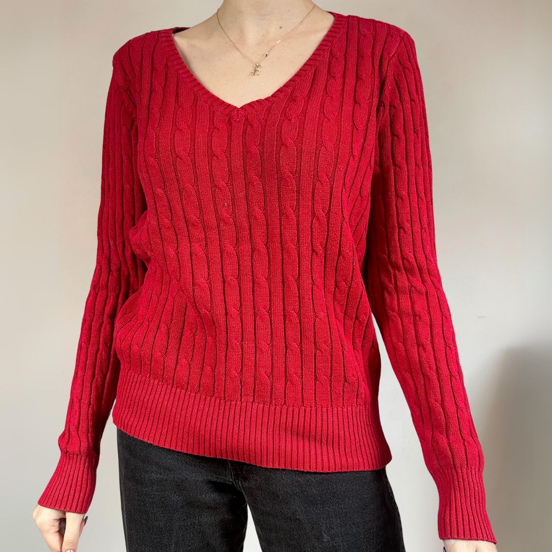 Cable Knit Red Vintage Jumper UK14