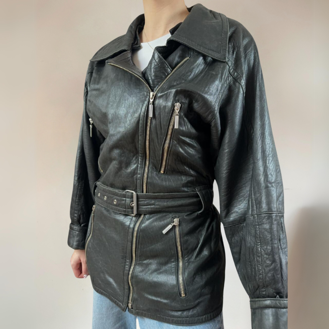 Vintage Belted Leather Jacket UK12