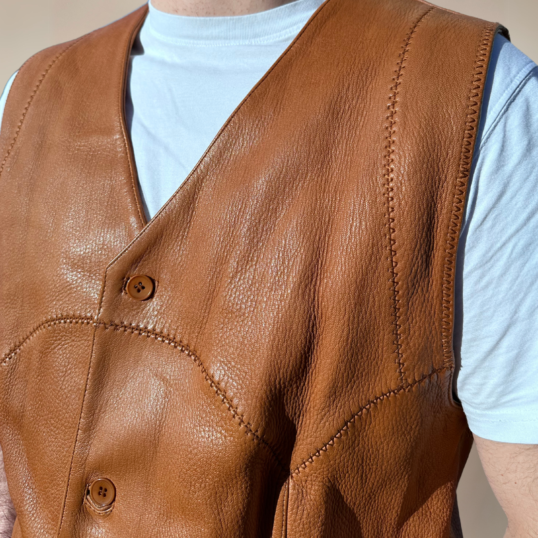 Italian Vintage Tan Leather Vest Mens Size XL