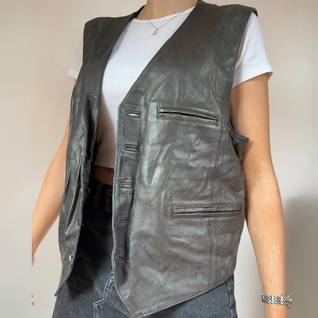 Black Vintage Leather Mens Vest Size S / UK12