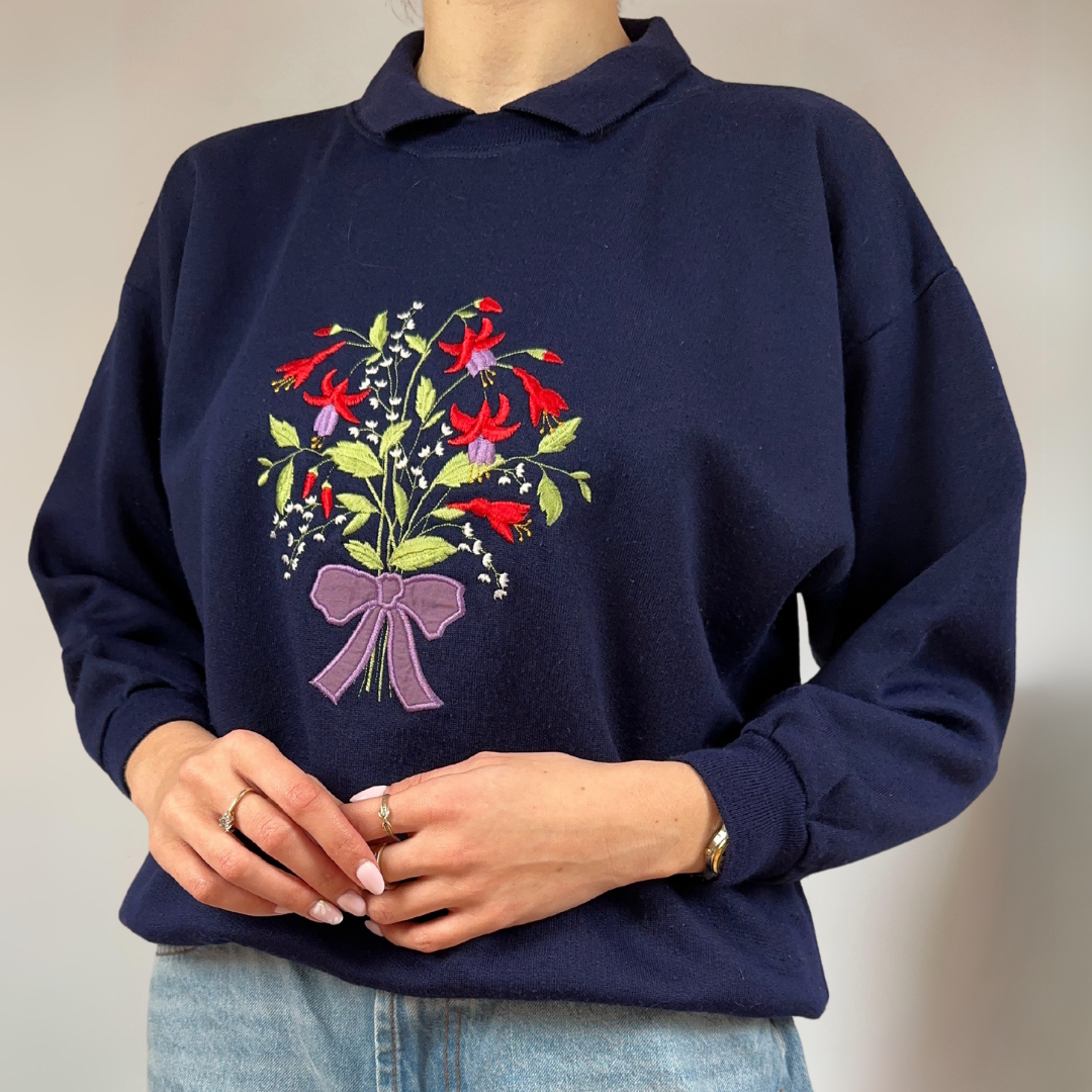 Floral Embroidered Navy Sweater Size UK8