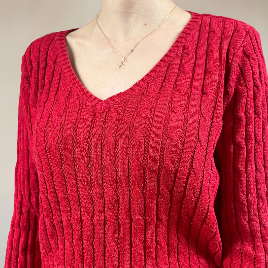 Cable Knit Red Vintage Jumper UK14