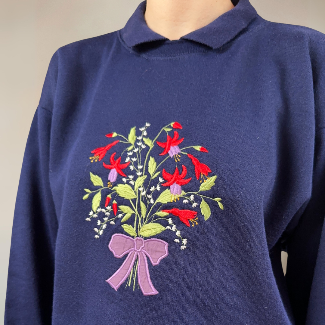 Floral Embroidered Navy Sweater Size UK8