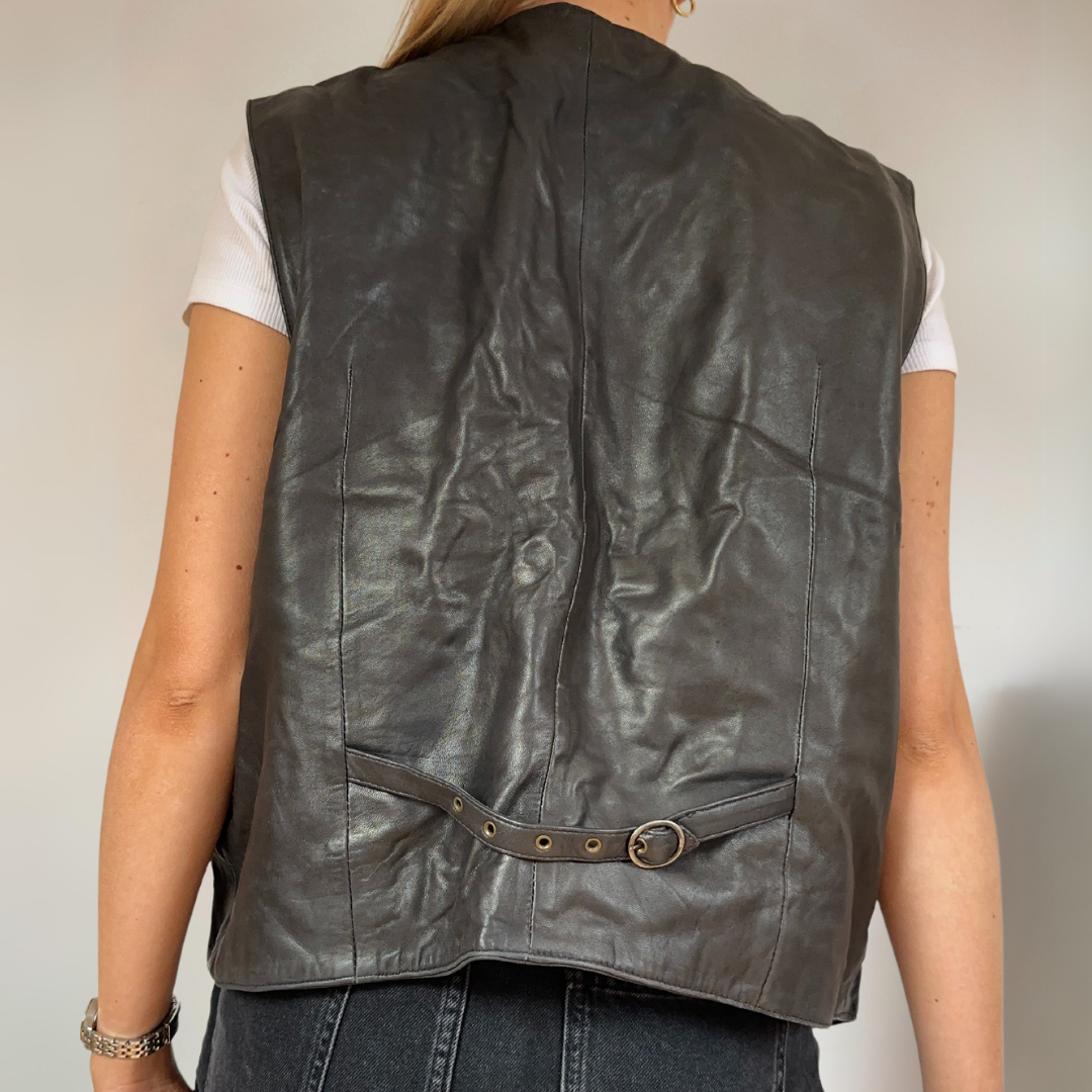 Black Vintage Leather Mens Vest Size S / UK12