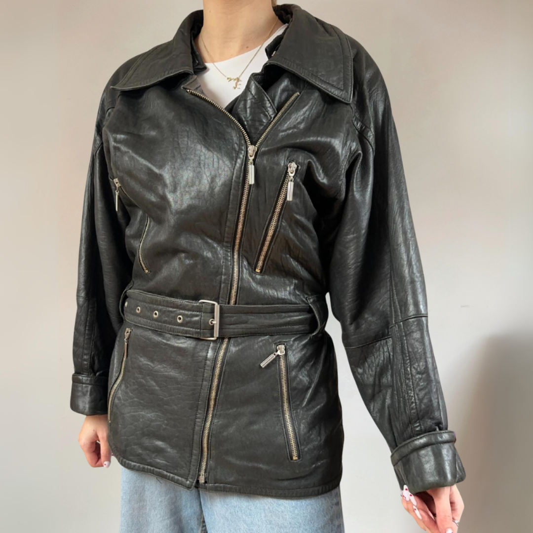 Vintage Belted Leather Jacket UK12