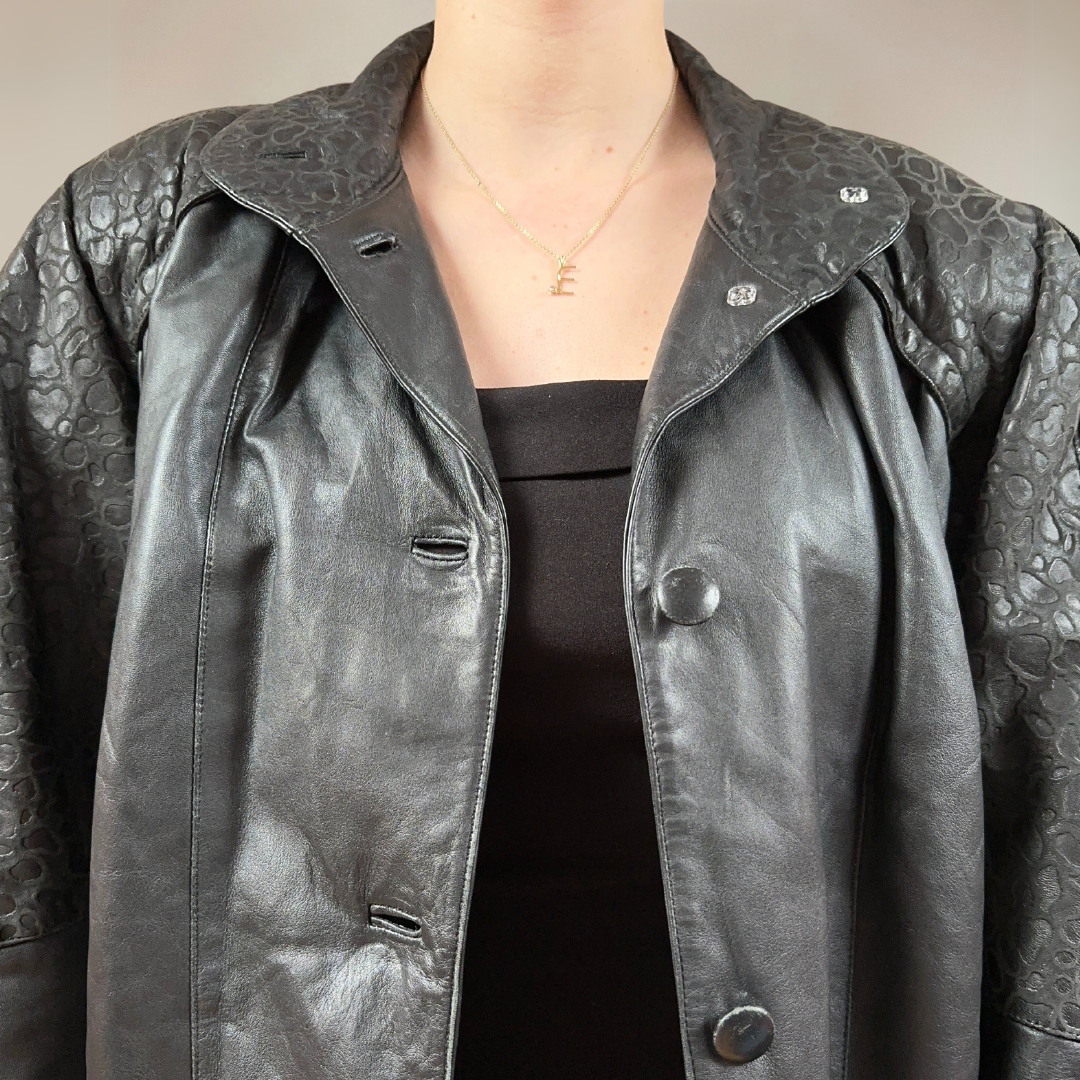 Vintage Leather Jacket with Leopard Print Size UK14